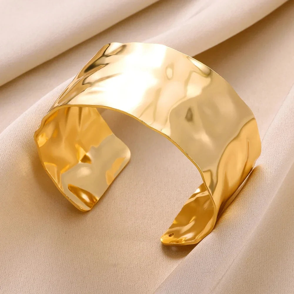 Classic Wrinkle Texture Openning Bangle Bracelet For Women Exquisite Cuff Bracelet Gold Color Stainless Steel Hand Ornament Gift
