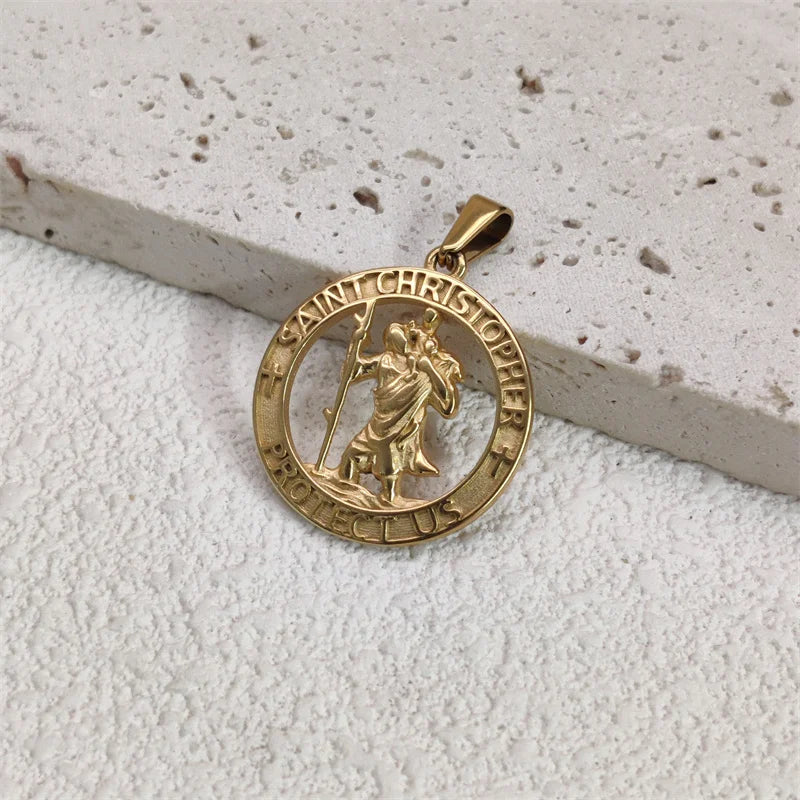 Hot Sale Religious 18K Gold Plated St.Christopher Necklace Stainless Steel Pendant Necklace For Men Women Jewelry Gift