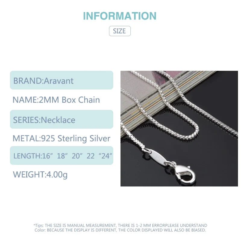 Aravant 925 Silver 2MM Box Chain Necklace Women Wedding Party Jewelry