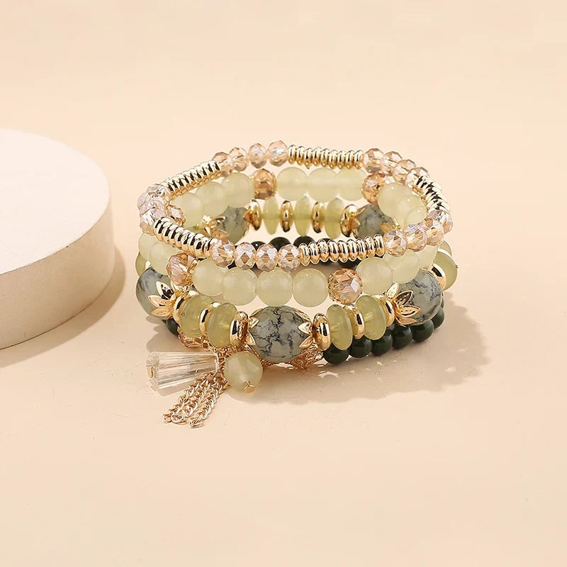 4Pcs New Tassel Charm Beads Bracelet Set For Women Colorful Glass Beaded Chain Bangle Female Bohemian Jewelry