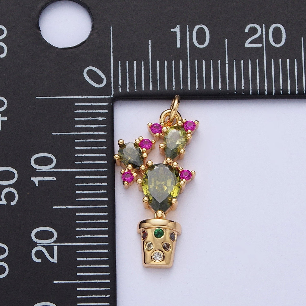 14K Gold Filled CZ Green Cactus Pink Flower Potted Plant Charm AG-091