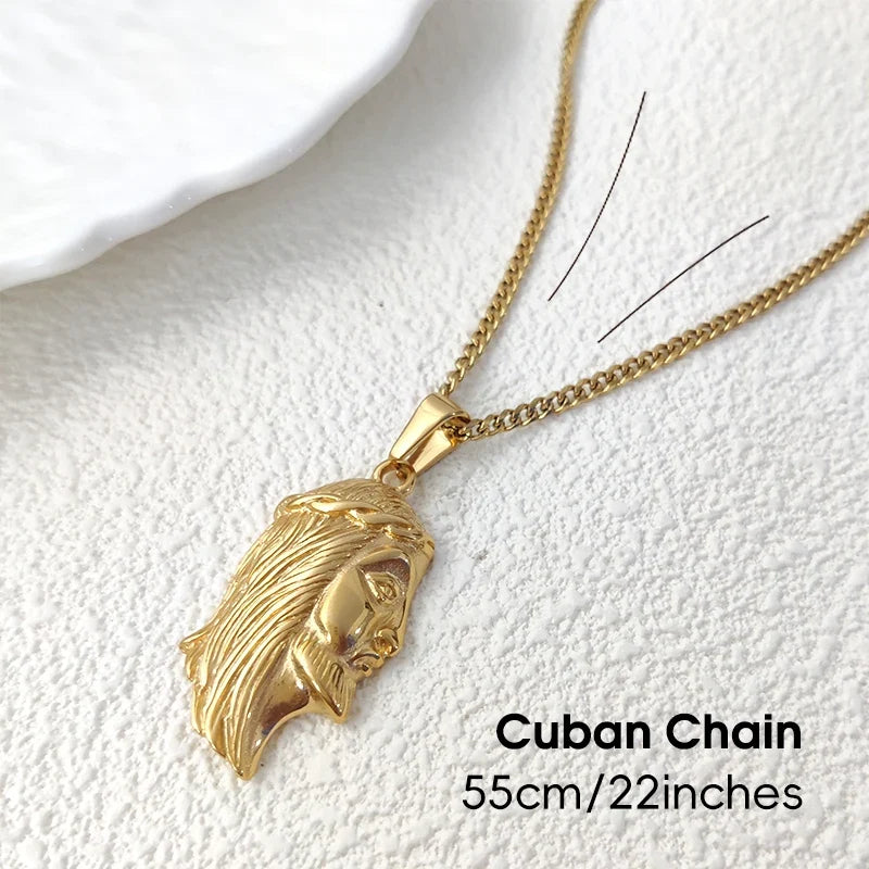 Hip - Hop Stainless Steel 18K Gold Plated Jesus Head Pendant Necklace Waterproof Jewelry For Ideal Men's Gift