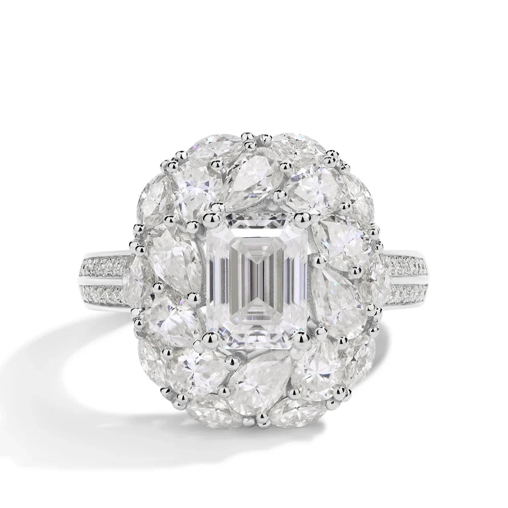 MINTYBOX 2.0ct Flower Design Halo Emerald Cut Engagement Ring Lab Diamond S925 Silver Moissanite Rings For Women 18K Gold Plated