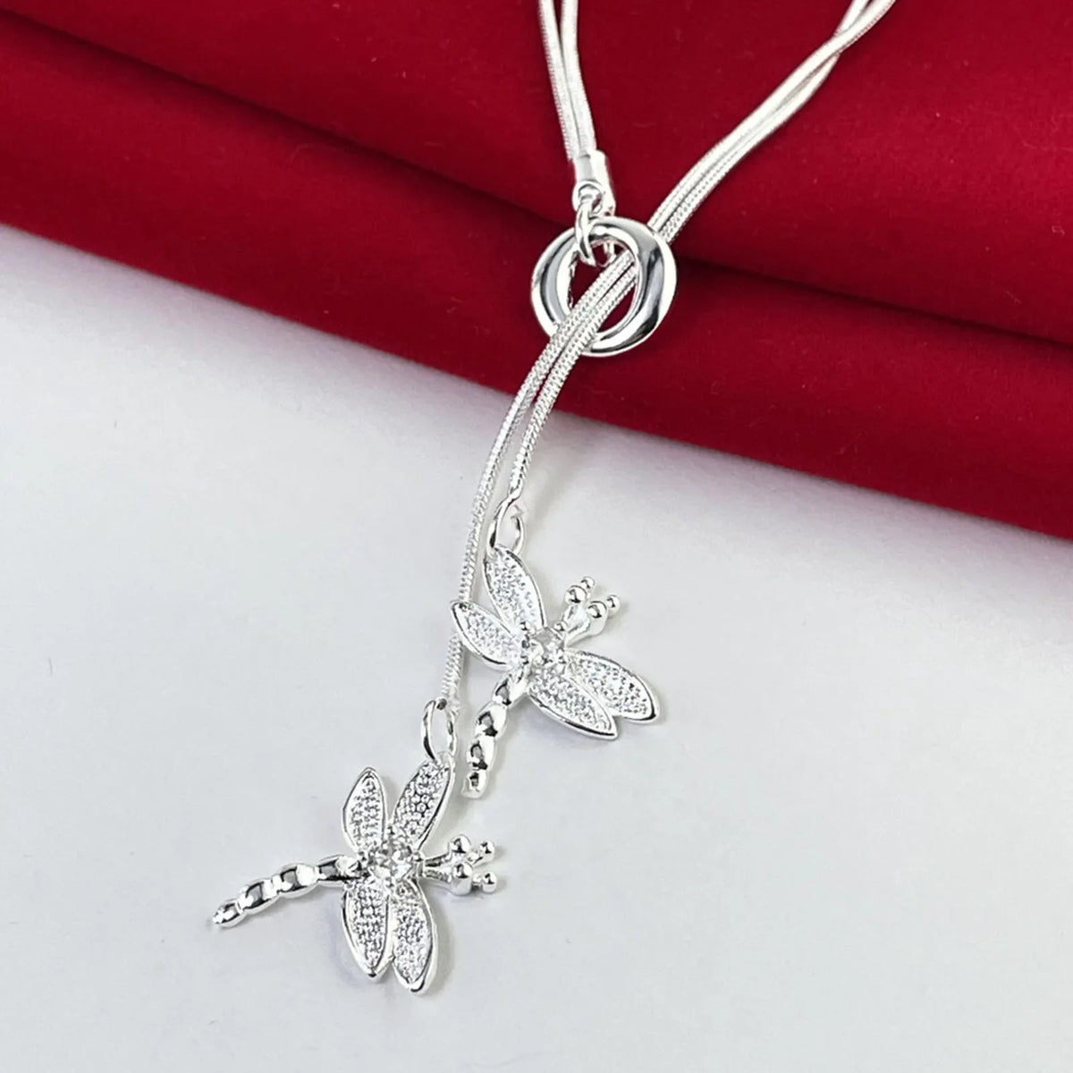 925 Sterling Silver Two Dragonfly Pendant Necklace For Women Snake Chain Necklace Wedding Engagement Jewelry