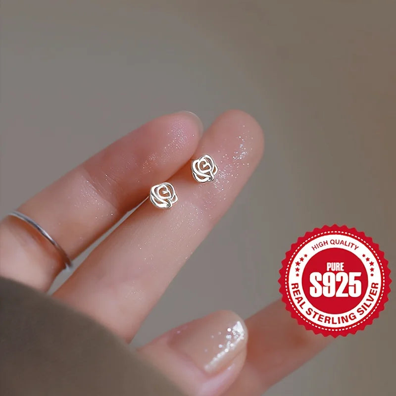 S925 silver rose earrings for women, hypoallergenic, perfect gift for dating, versatile for daily wear
