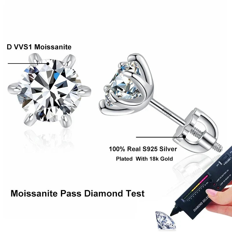 NeeTim 1ct 2ct Moissanite Screw Earrings for Women 925 Sterling Silver with Gold Plated Diamond Wedding Party Girl Stud Earrings