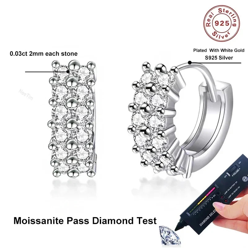 NeeTim 2mm Full Moissanite Earrings Women Luxury Quality Party S925 Sterling Silver with White Gold Plated Hoop Wedding Earring