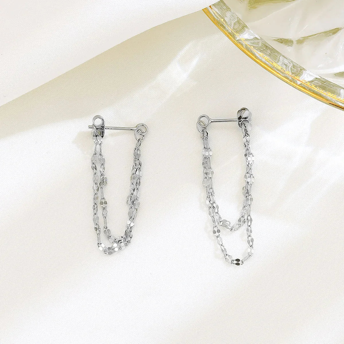 925 Silver designed earrings with double layered tassel chains at the front and back, exquisite earrings and dynamic earrings