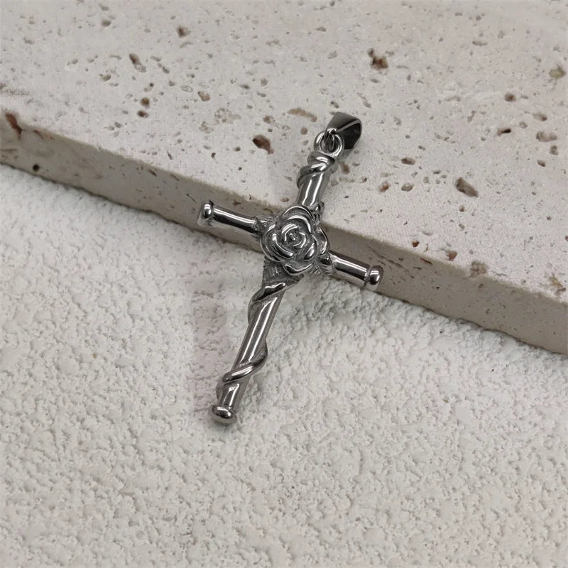 Waterproof Vintage 18k Gold Plated Stainless Steel Charm Rose Cross Pendant Necklace For Men Women Jewelry Gift