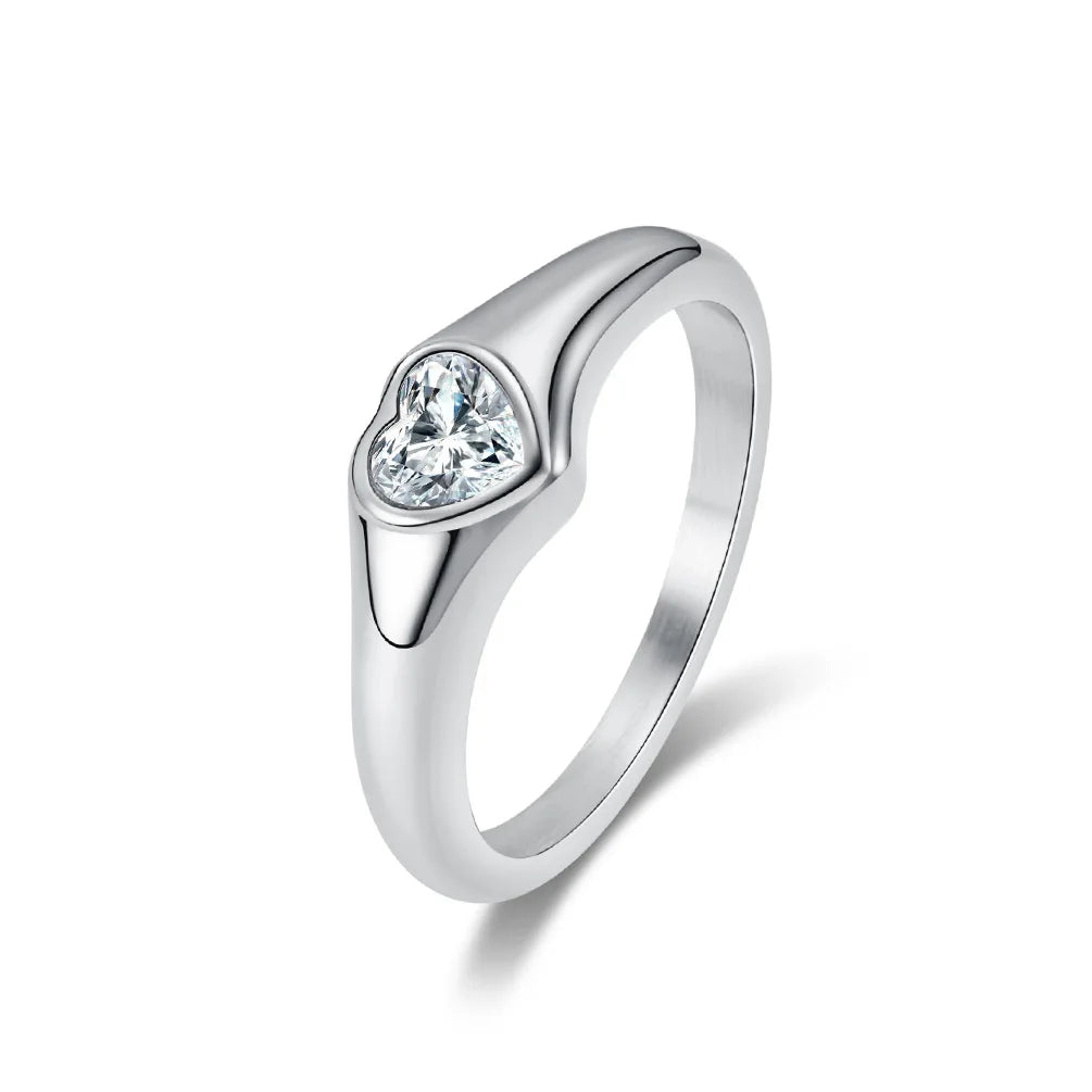 Stainless Steel Heart CZ Solitaire Ring Wedding Band for Women Girl Size 5-10
