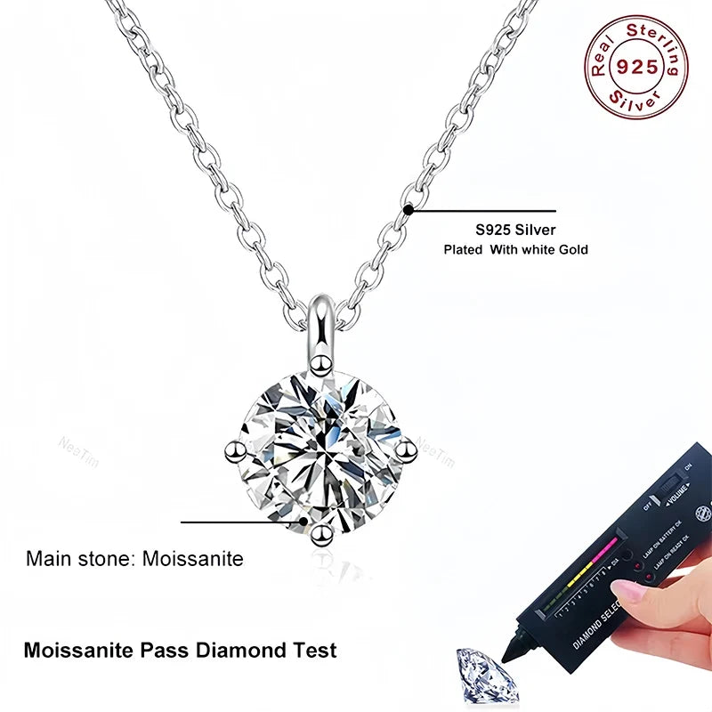 NeeTim 1ct 2ct 3ct D VVS1 Moissanite Necklace for Women Sterling Silver 925 with White Gold Plated Lab Diamond Sparkling Pendant