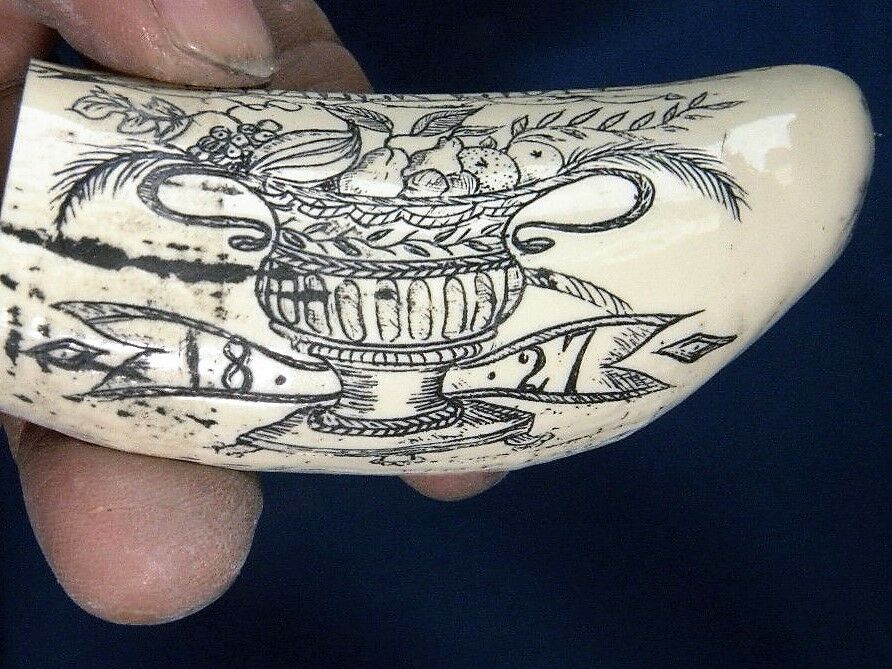 Sperm Whale Tooth Replica Scrimshaw 4 Inches Long Whaler Lion Resin Model