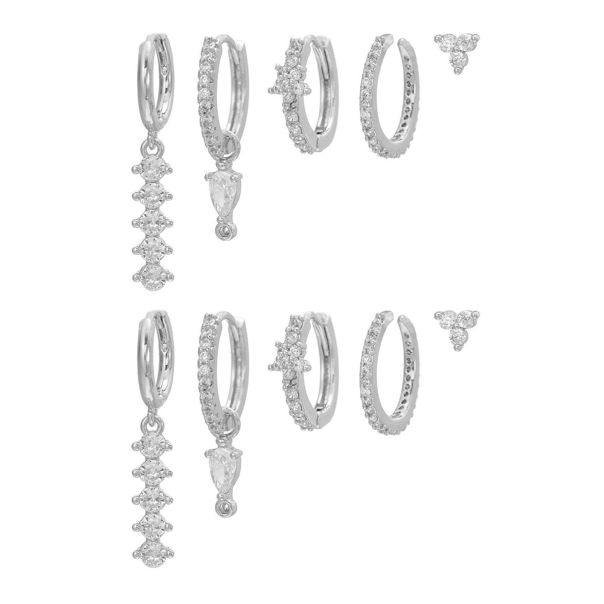 Stacking 5 Pieces Simple Clover Single-Row Serrated Ear Cuff Earring Set, 18k Gold-Plated Teardrop Zircon Earrings, S925 Needle