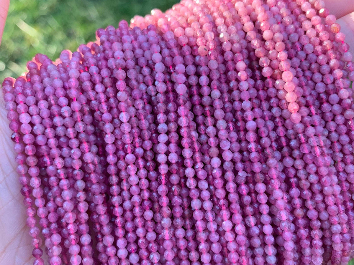 Quality Pink Tourmaline Faceted Round Beads, 2mm/3mm Genuine Small Beads, 15.5'' Full Strand, SKU#U1220
