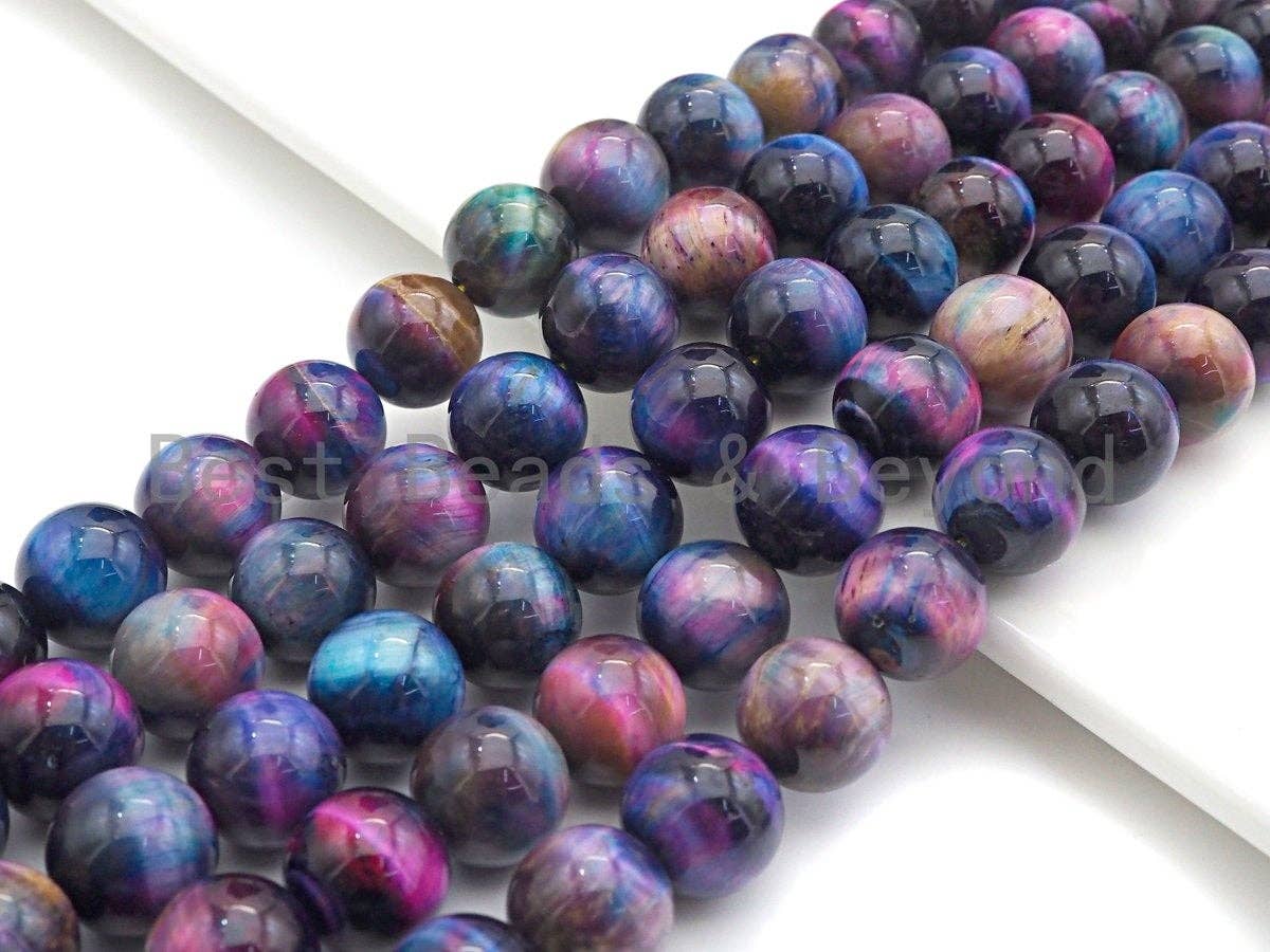 NEW GALAXY COLOR!! Natural Tiger eye Beads Round 10mm/12mm, Galaxy Tiger Eye Beads, Purple Blue Pink Gemstone, 16" Full strand, sku#U597
