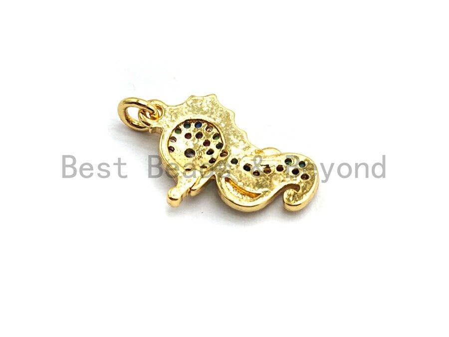 CZ Colorful Micro Pave Sea Horse Pendant, Sea Horse Shaped Pave Pendant, Seahorse Gold plated, 12x19mm, Sku#F749