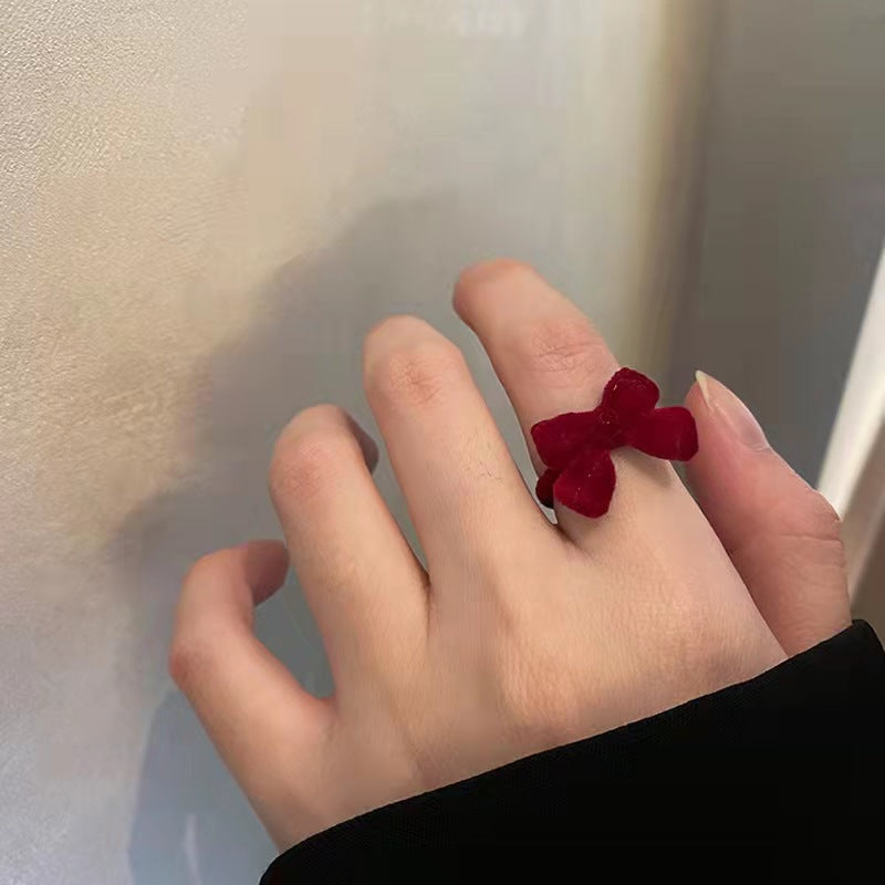 Vintage Burgundy Flocked Bow Open Ring, Sweet Girl Aesthetic Niche Design Adjustable Finger Ring