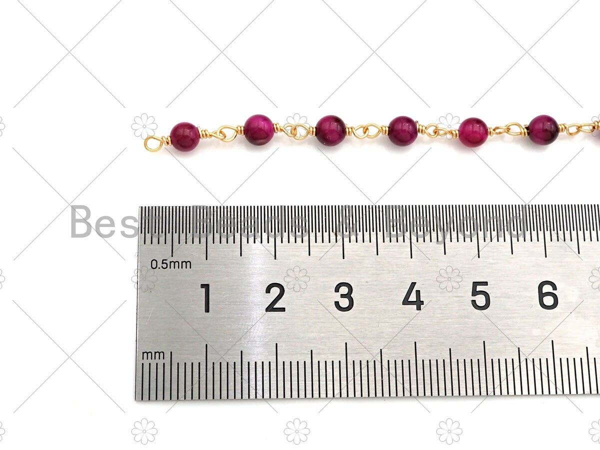 Galaxy/Fuchsia/Blue High Quality Tiger Eye Rosary Chain, 4mm Beaded Chain, Wire Wrapped Gold Chain,Sku#V75