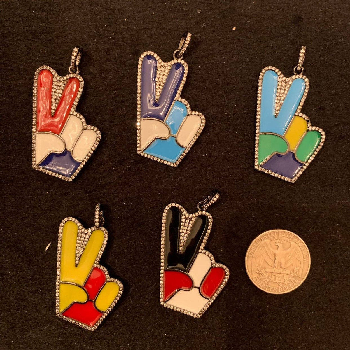 CZ Micro Pave Victory Hand Sign Enamel Pendant, Peace Sign Enamel, Hand Gesture, Peace Sign Fingers, 42x28mm, sku#F700V
