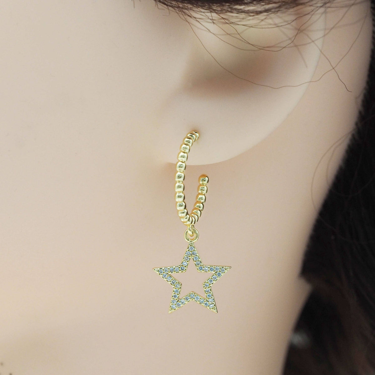 CZ Gold Five Point Star Earrings, Sku#LD363