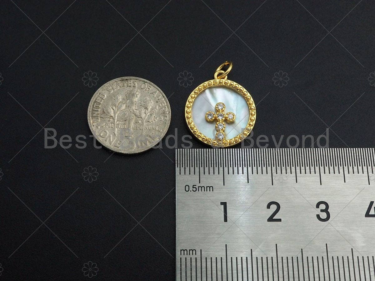 18K Gold CZ Micro Pave Cross on Mother-of-pearl Pendant ,SKU#Z1119