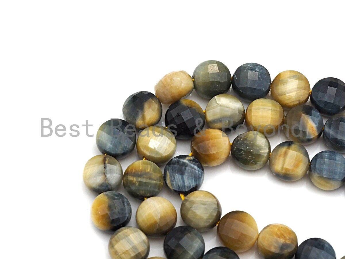 High Quality Double Sided Turtle Shell Cut Natural Tiger Eye Coin Shape beads, 6mm/8mm/10mm Tiger Eye Beads, 16" Full strand, Sku#U762
