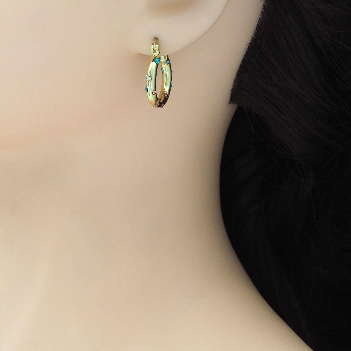 Colorful CZ Gold Hoop Earrings, Sku#LD501