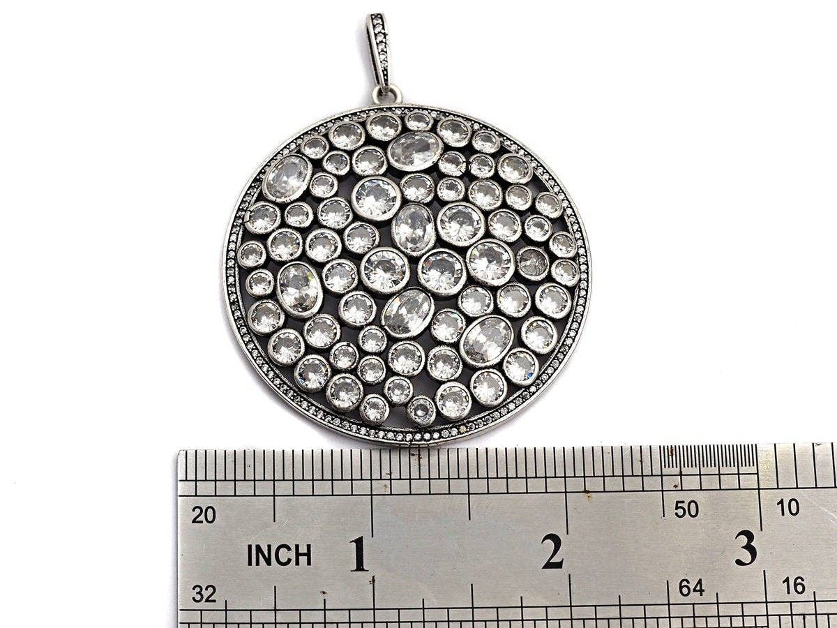 Anitique Finish CZ Micro Pave Large Round Pendant, Antique Silver Tone, Cubic Zirconia Big Pave Pendant, 49x53mm,sku#F979