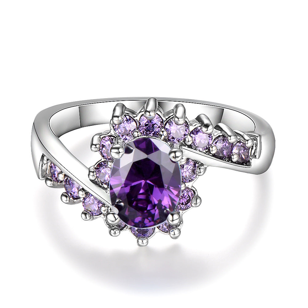Fashionable Oval Purple Diamond-Encrusted Zircon Ring