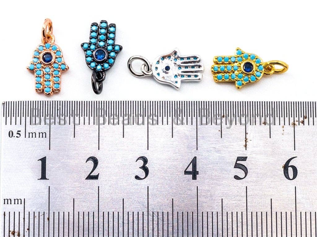 CZ Micro Pave Blue Hamsa Hand Evil Eye Pendant/Charm, Turquoise Cubic Zirconia Pave Bracelet Charms,9x13mm, sku#F339