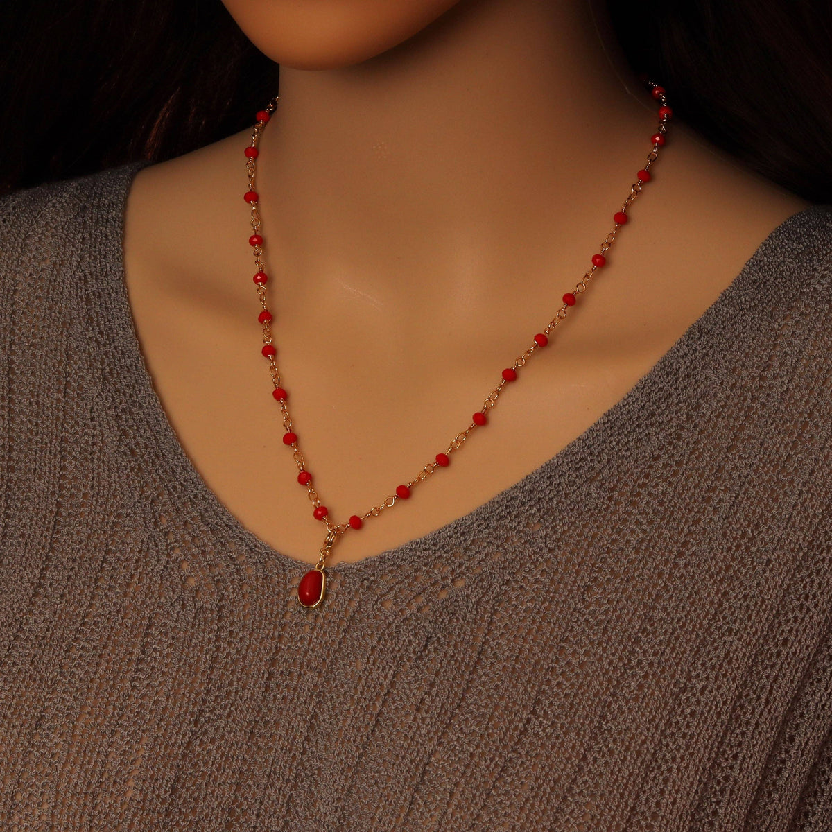 Red Beaded Chain with Red Bean Pendant Necklace, Sku#A368