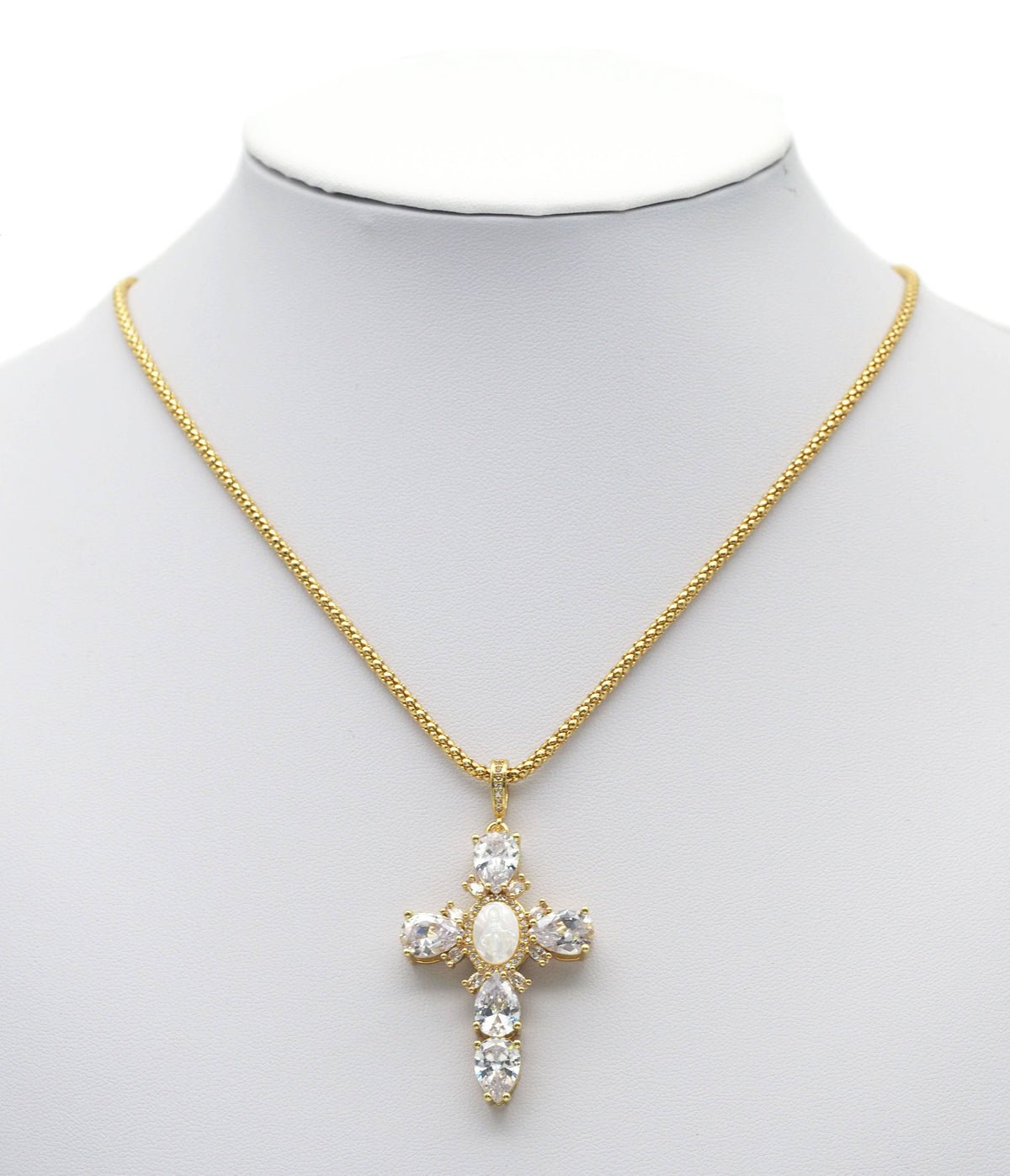 Teardrop CZ Cross With MOP Virgin Mary Charm, Sku#L658