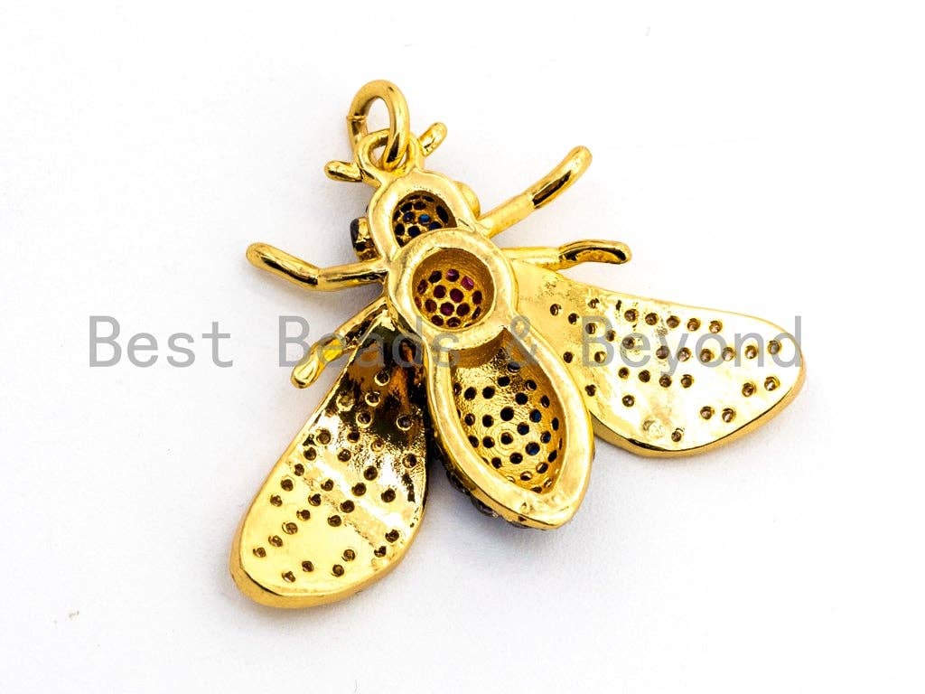 BEE Inspired Charm, CZ Micro Pave Multi Color Insect Pendant, Cubic Zirconia Pendant,Gold/Rose Gold/Silver/Black,21x29x5mm,SKU#F454