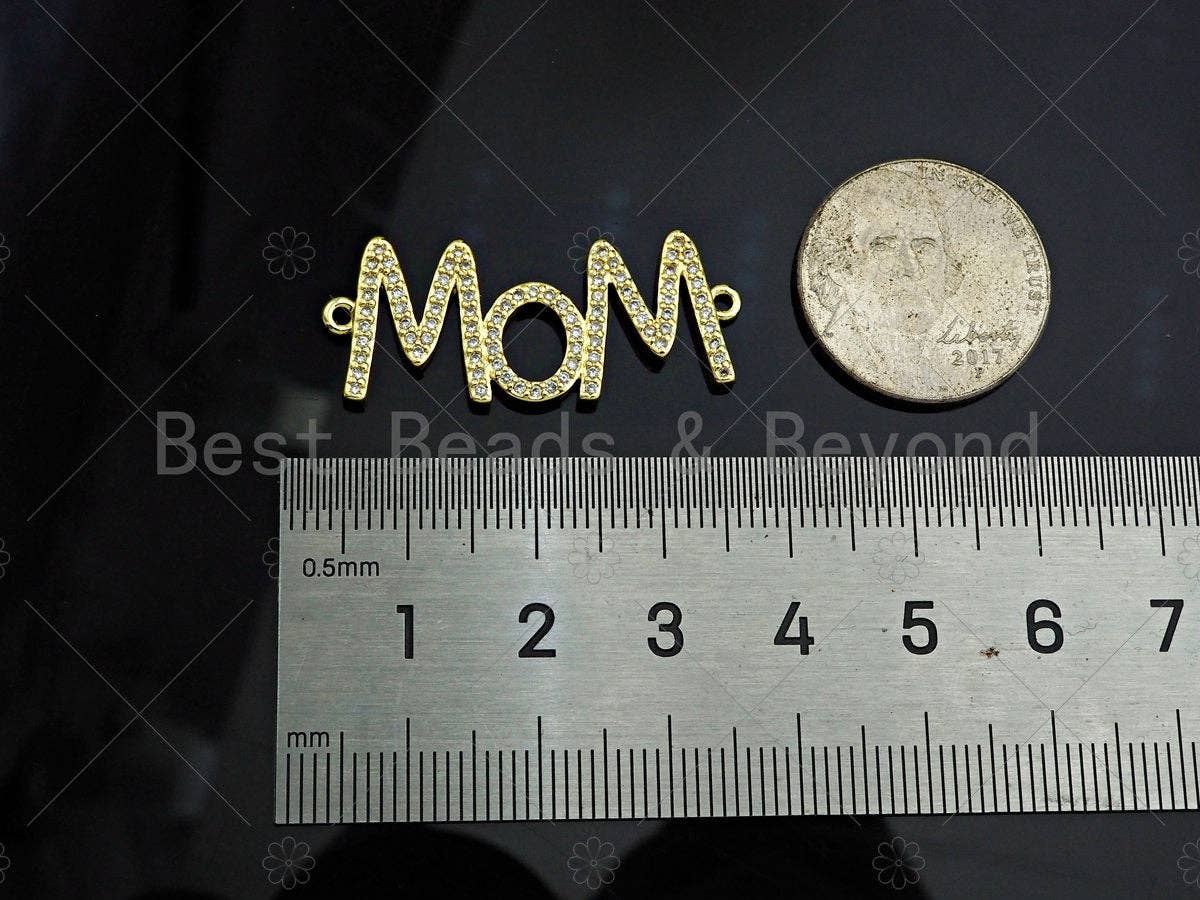 Gold Filled CZ Micro Pave Mom Word Shape Connector, 18K Gold Filled Mom Charm, Necklace Bracelet Links, 34x14mm,Sku#LD111