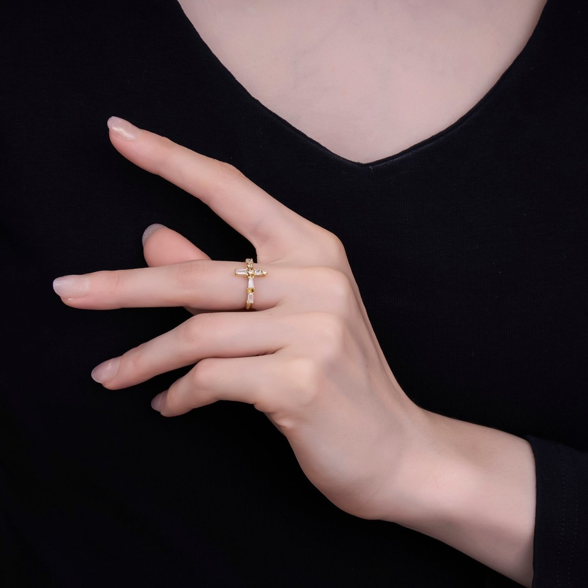 Baguette Side Cross Ring - Gold Cross Ring - Stacking Rings - Sideway Cross Ring - Cross Jewelry - Religious Jewelry - Sign Micro Pave ring R-050