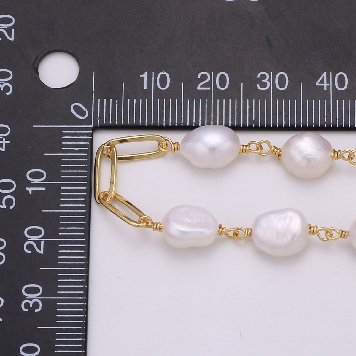 Baroque Mother Pearl 24K Gold Filled Charm Chain by Yard, White Fresh Water Pearl Chain | ROLL-354