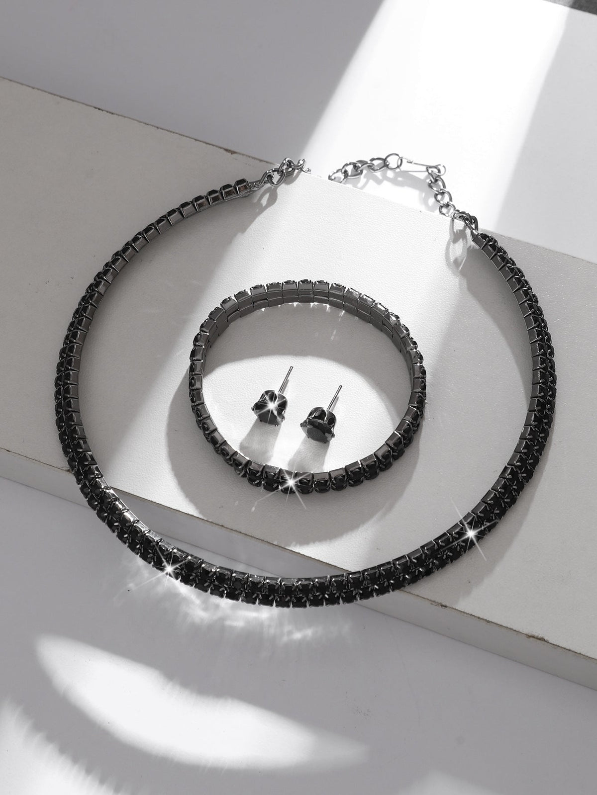 European And American Cross-Border Jewelry Three-Row Rhinestone Necklace Zircon Earrings Bracelet Elastic Ring Bridal Suit Dress Accessories