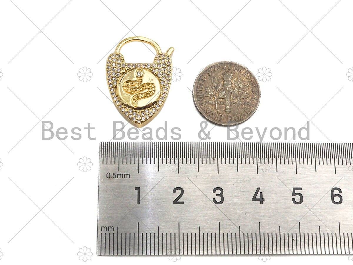 CZ Micro Pave Snake Padlock Heart Clasp Charms, Snake CZ On Padlock Clasp, Gold snake lock, Padlock Necklace Charms, 17x25mm, Sku#K163