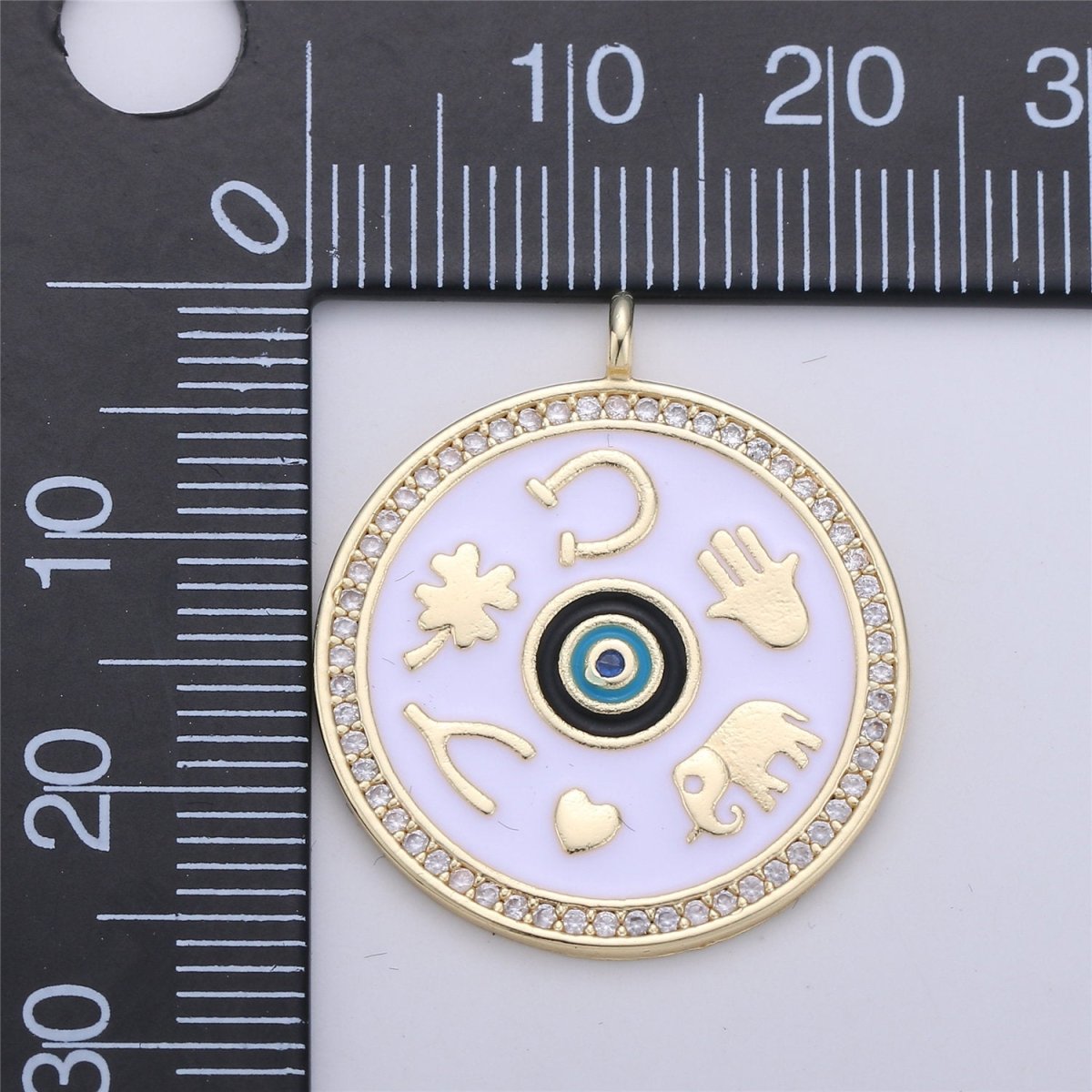 Black White Enamel Talisman Charm Necklace, Gold Filled Coin Round Pendant Lucky Medallion Pendant for Necklace Jewelry Making Supply C-688