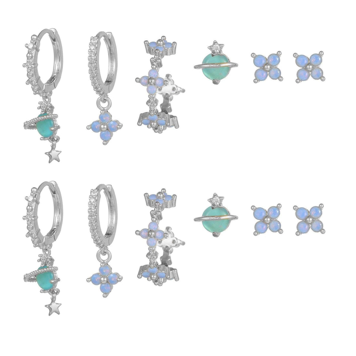 Stacking 6 Pieces Blue Flower Pierced Earring Set with Zircon, 18k Gold Plated Ear Studs and Ear Drops
