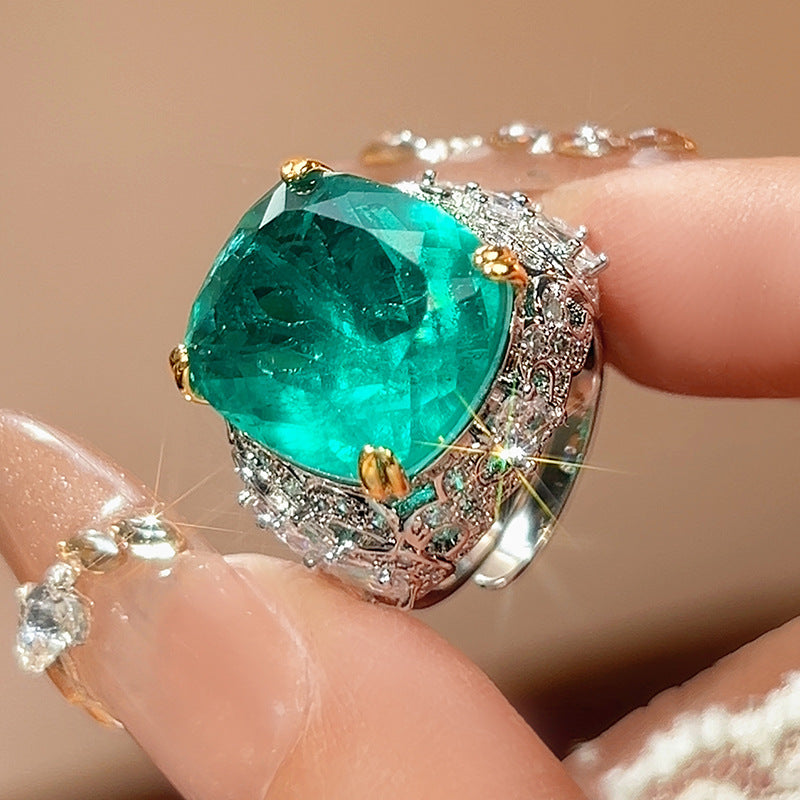 2026 New Zircon Ring For Women, Rectangular Simulated Sapphire & Paraiba Tourmaline, High-End Luxury Jewelry