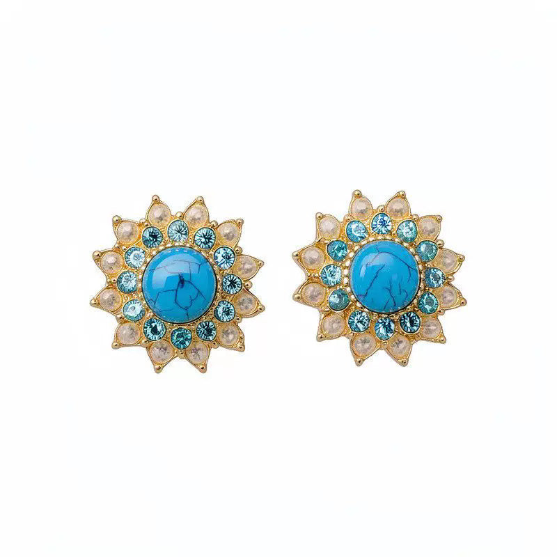 Womens Vintage Retro Round Floral Stud Earrings With Rhinestone Pearl And Stone Inlay,Costume Earrings For Daily Party Wear