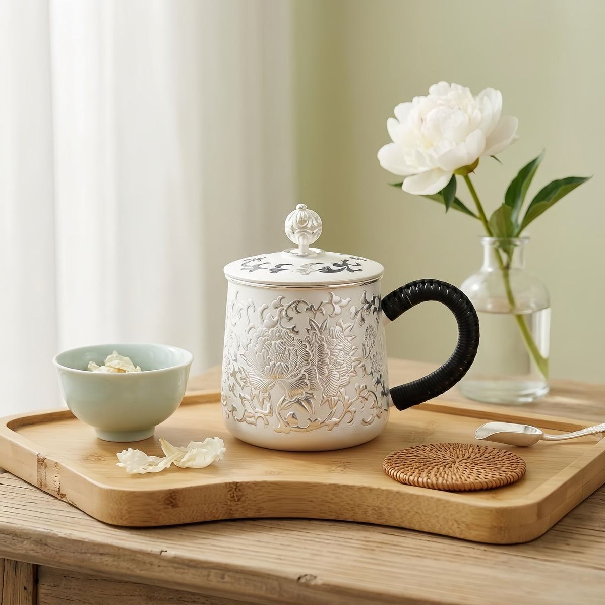 Pure 999 Fine Silver Ornate Silver Floral Porcelain Mug with Decorative Lid and Handcrafted Wrapped Handle - Handicraft