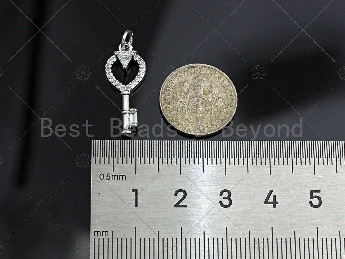 CZ Micro Pave Heart On Key Shape Pendant, Gold/Silver Plated Jewelry, Necklace Bracelet Charm Pendant, 14x28mm,sku#F1242