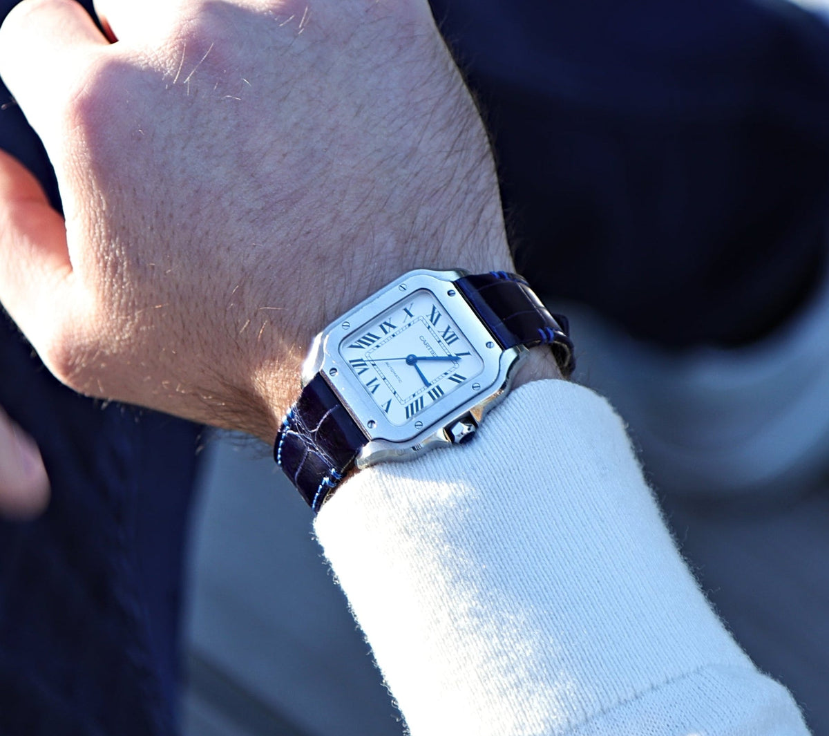 Midnight Blue Crocodile Leather Watch Strap For Cartier Santos