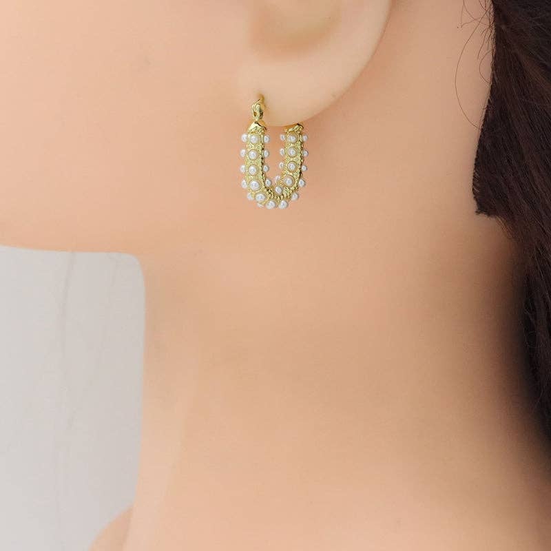White Pearl Gold U Oval Shape Hoop Earrings, Sku#LD641