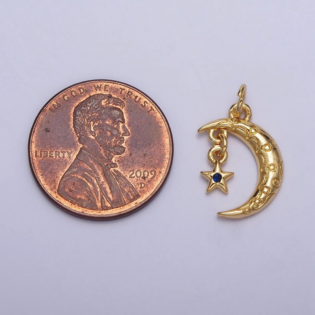Celestial Engraved Crescent Moon Blue CZ Star Dangle Gold Add-On Charm | AC241