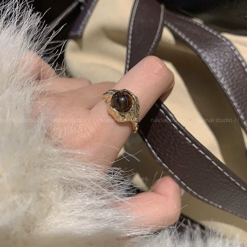 Vintage Tiger Eye Open Ring For Women, Maillard Retro Niche Design High-End Index Finger Ring