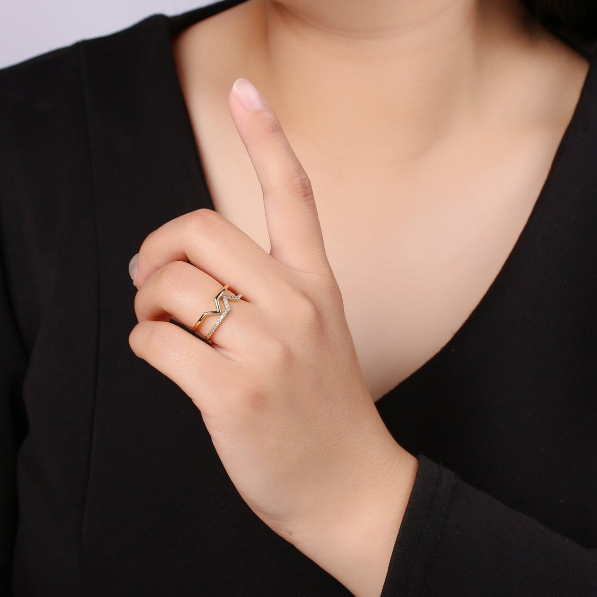 Chevron Open Ring, Dual Band Ring Adjustable Ring Cubic Pave 24K Gold Plated Ring CZ Pendant Double Ring, Dainty ring Charm, R-436