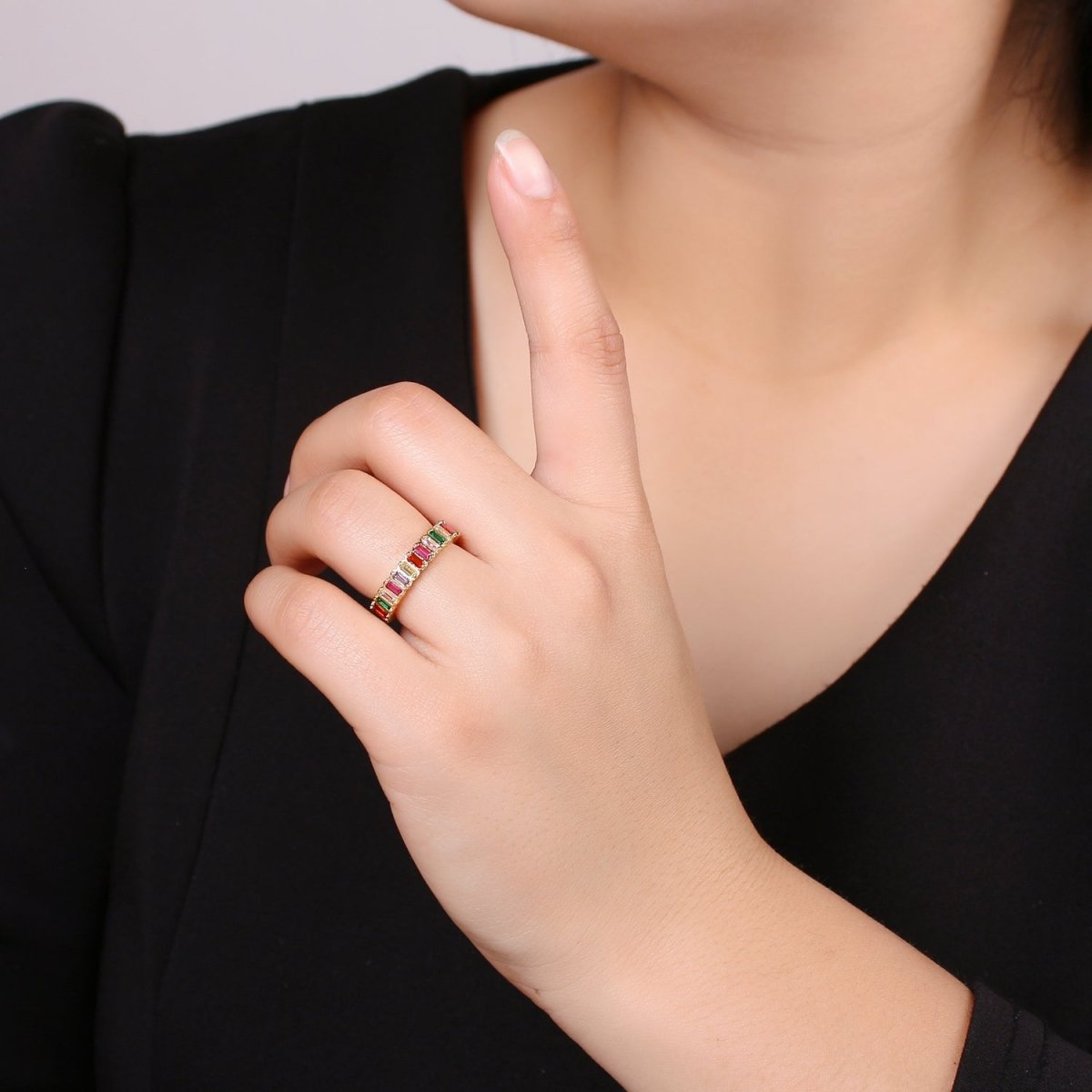 Chunky Rainbow CZ 24k Gold Ring, Adjustable Gold Cubic Open Ring, Baguette Ring, Statement ring Zirconia Ring for DIY Jewelry R314